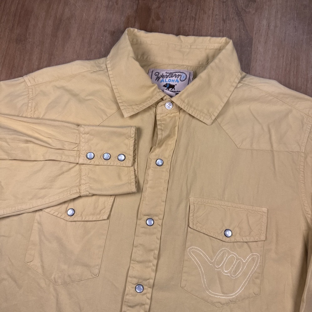 Western Aloha Long Sleeve Pearl Snap Shirt Men's L Yellow Cowboy Western Rodeo